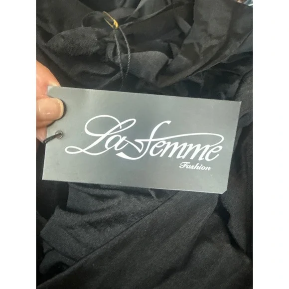 NWT La Femme 28506Off the Shoulder Dress with Tie Back and Slit Black Sz 4 $348